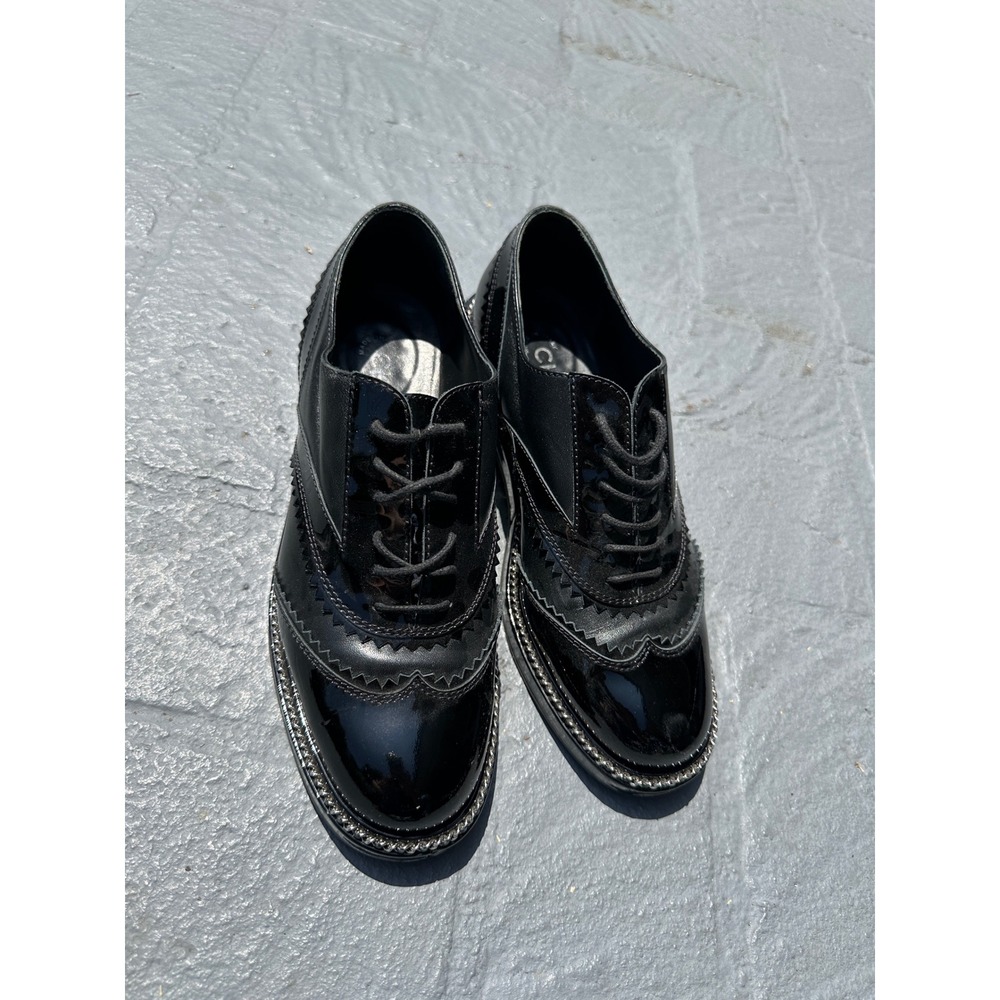 Chanel Black Leather Patent Chain Trim Wingtip Oxford Shoes womens 38.5 - Picture 2 of 16